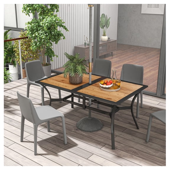 Rectangular Patio Table with Umbrella Hole, Outdoor Dining Table for 6, Faux Wood, Garden Furniture, Brown