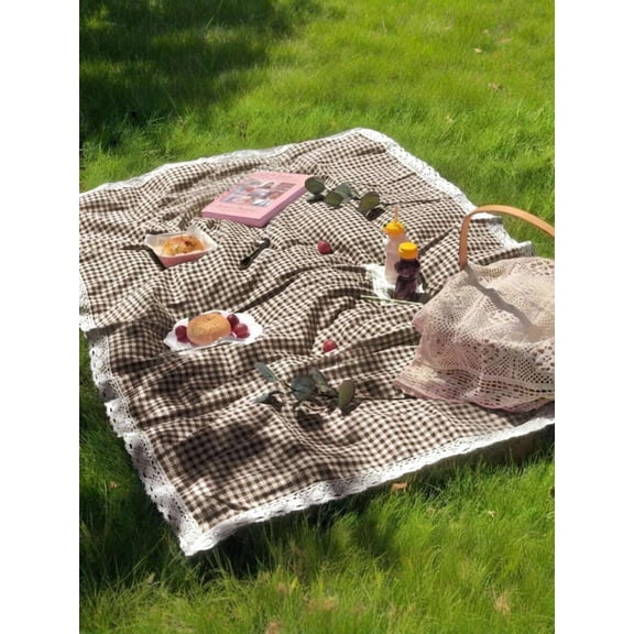 Rectangular Picnic Blanket with Lace Trim - Brown Plaid, 1pc