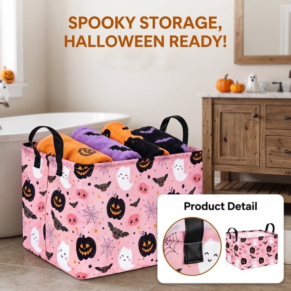Rectangular Pink Halloween Ghost Storage Basket 13.8x9.8x9.8 Inch, Smiley Pumpkin Candy Basket with Leather Handles, Collapsible Party Organizer