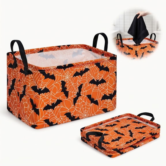 Rectangular Pink Halloween Horror Ghost Storage Basket, Scary Pumpkin Themed Storage Bin with Handles, Foldable Halloween Party Candy Storage Basket