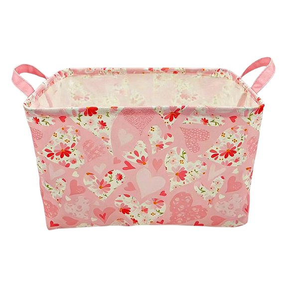 Rectangular Pink Heart Fabric Storage Basket, Books Box, Lovely Storage Trunk, Room Decor, Gift Basket,Linen Fabric Storage Basket for Home & Gift Giving,Foldable Collapsible Storage Bin,B-style