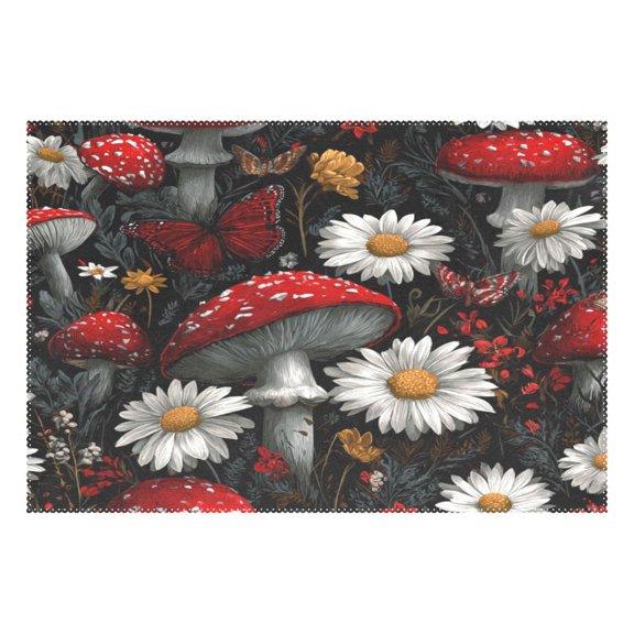 Rectangular Placemat Set 12'x18' Exquisite Print Durable & Heat Resistant Red Mushrooms Pure White Daisies