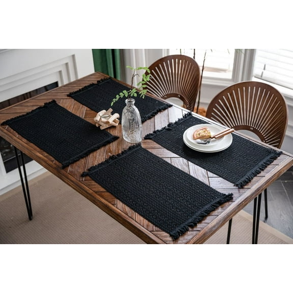 Rectangular Placemats Set of 4,Cotton Linen Fabric Placemats,Black Weave Stripes Pattern,Decorate The Living Room and Dining Table,12'' x 20''(30 x 50 cm)