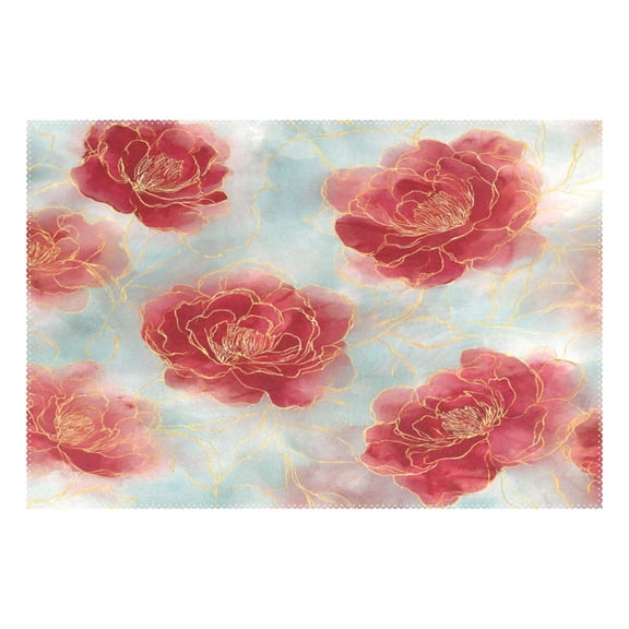 Rectangular Placemats of 1 Washable Table Mat Suitable for Dining Tables12x18 Inch Rose Petals with Gold Outline
