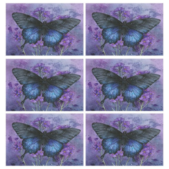 Rectangular Placemats of 6 Washable Table Mat Suitable for Dining Tables12x18 Inch Black Blue Butterfly