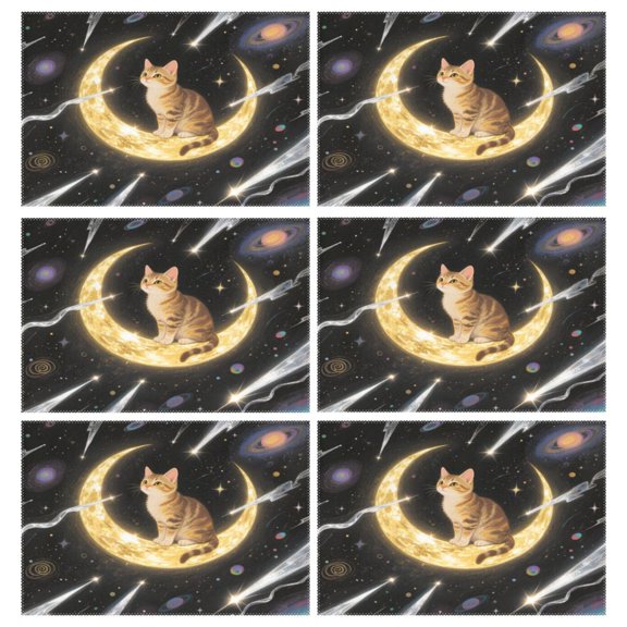 Rectangular Placemats of 6 Washable Table Mat Suitable for Dining Tables12x18 Inch Brown Cat on The Moon