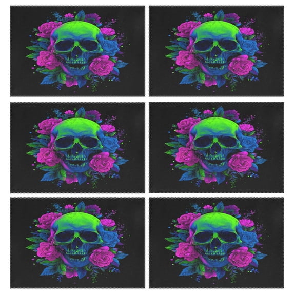 Rectangular Placemats of 6 Washable Table Mat Suitable for Dining Tables12x18 Inch Neon Rose Skull Design