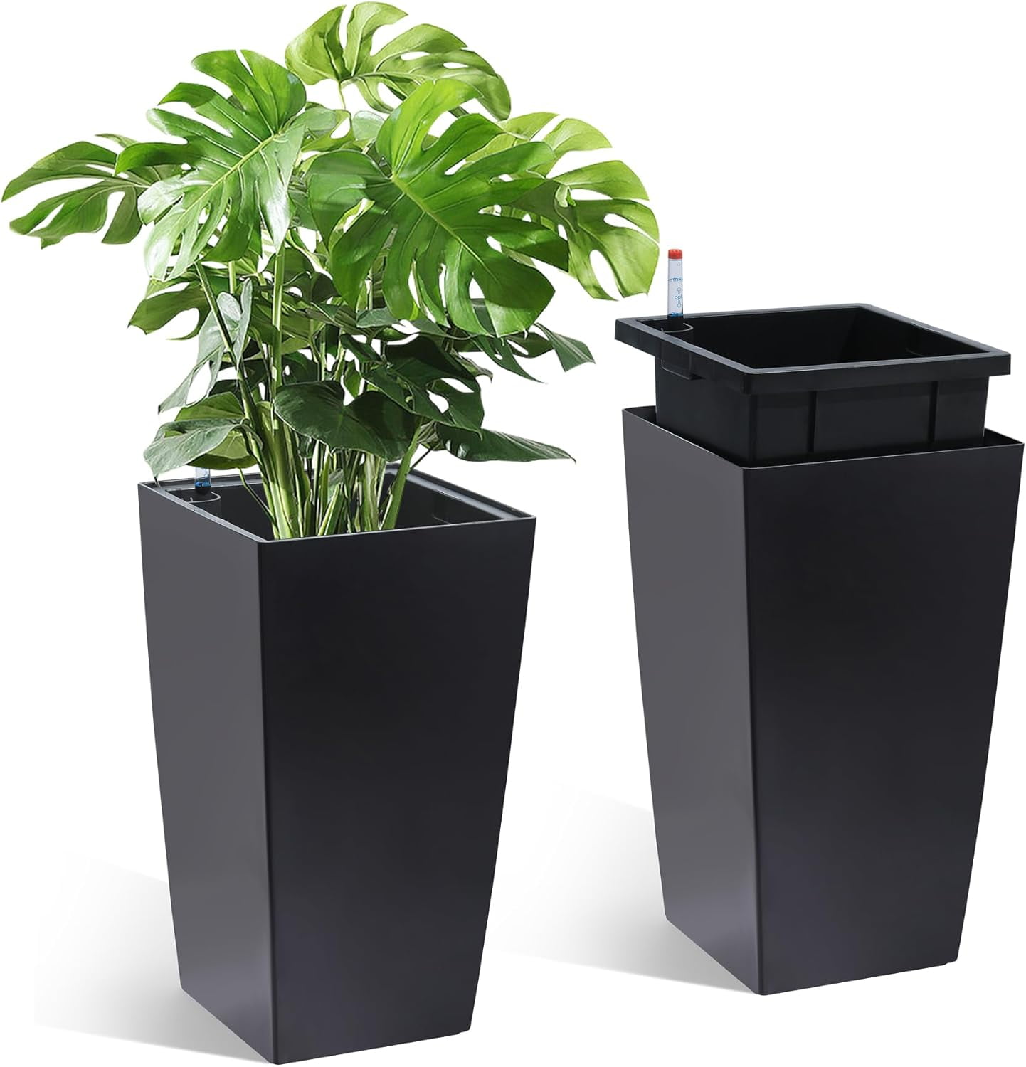 Rectangular Planters Set of 2 Large Modern Plant Pots with Drainage Holes＆Water Level Monitor＆Wheels Outdoor and Indoor for Patio, Porch, Living Room, or Home Office