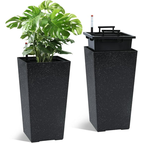 Rectangular Planters Set of 2 Large Modern Plant Pots with Drainage Holes＆Water Level Monitor＆Wheels Outdoor and Indoor for Patio, Porch, Living Room, or Home Office