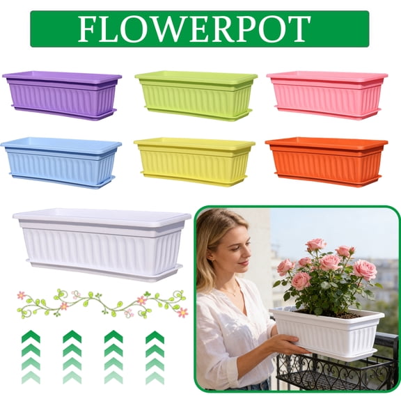 Rectangular Plastic Flower Pot Vegetable Planter Box for Herbs Flowers Indoor Outdoor Garden Window Box Drainage Tray Saucer Decorative Planting Container