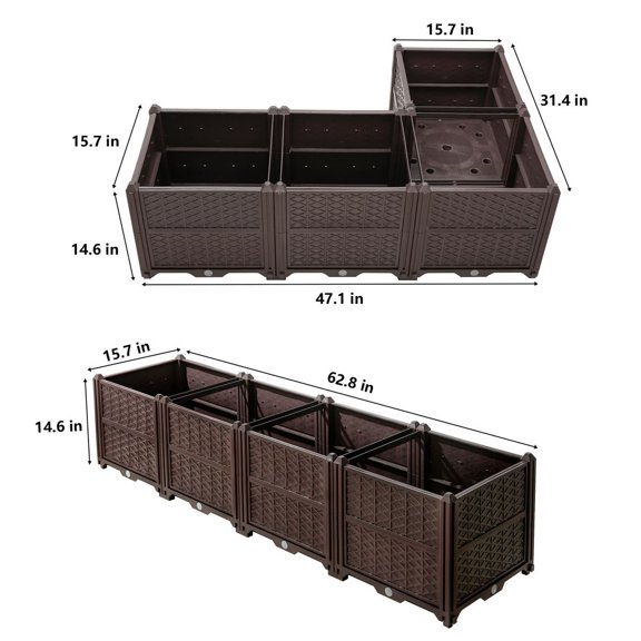 Rectangular Plastic Planter Box Indoor Outdoor Brown Garden Bed for Vegetables Herbs Flowers Succulents DIY Planting Kit with Drainage & Water Tray
