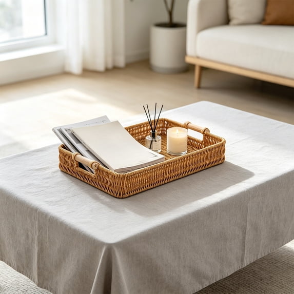 Rectangular Plastic Rattan Serving Tray with Wooden Handles, Hand Woven Storage Basket, Multi-Purpose Organizer Caddy for Kitchen Bathroom Coffee Table Countertop M