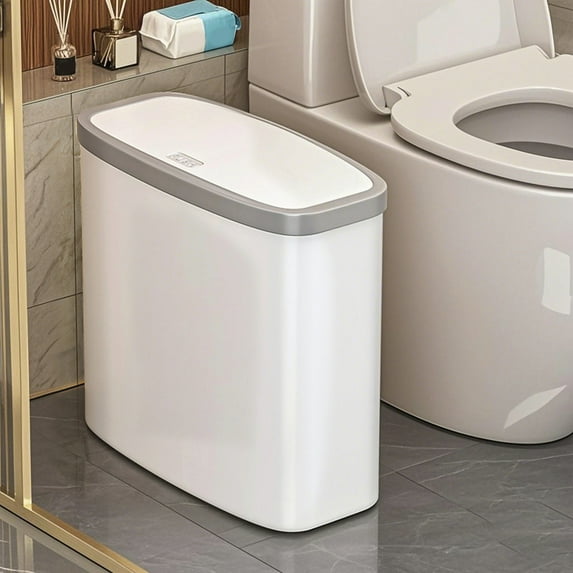 Rectangular Plastic Trash Can Wastebasket with Press Type Lid, White Slim Garbage Container Bin for Bathroom,Powder Room,Bedroom,Kitchen,Living Room,Office