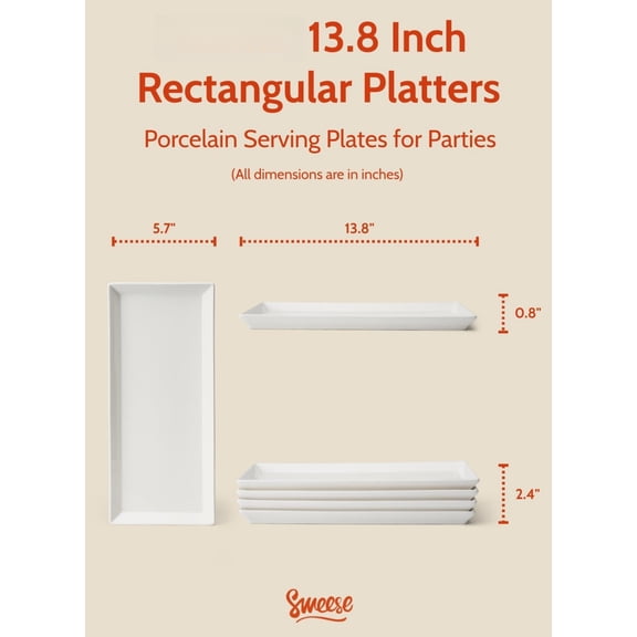Rectangular Porcelain Serving Platters 13.8 Inch Set of 4 White for Parties