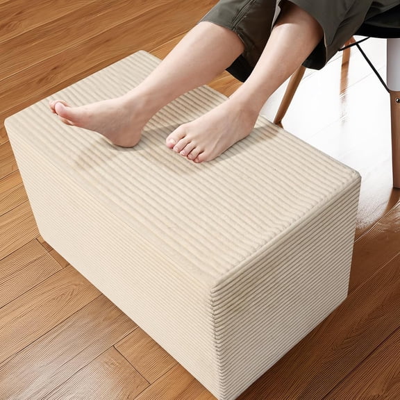 Rectangular Pouf Ottoman, Stuffed Floor Pouf with Foam Chunk Filling, Soft Coral Fleece Furry Foot Rest Stool, Multi-Use Ottoman for Living Room, Wide Stripe Boho Decor, Beige