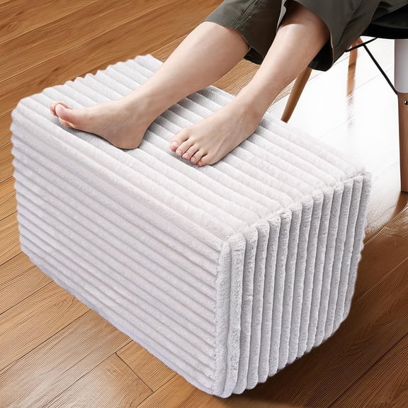 Rectangular Pouf Ottoman, Stuffed Floor Pouf with Foam Chunk Filling, Soft Coral Fleece Furry Foot Rest Stool, Multi-Use Ottoman for Living Room, Wide Stripe Boho Decor, White