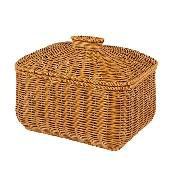 Rectangular Rattan Basket Box with Lid, Multi-purpose Wicker Tray, Rattan Basket with Lid, Table Decorative Storage Baskets, Picnic Bread Fruit Table Storage Basket, for Home Kitchen