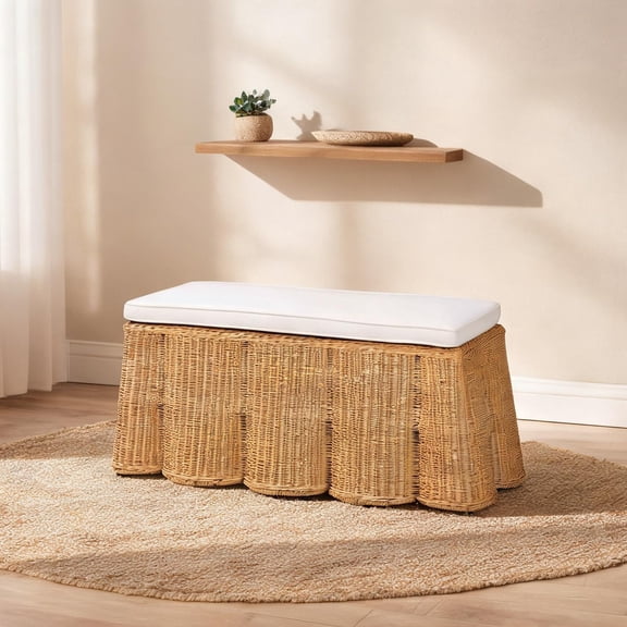 Rectangular Rattan Ottoman with Cushion, Natural Honey Finish, Coastal Woven Bench