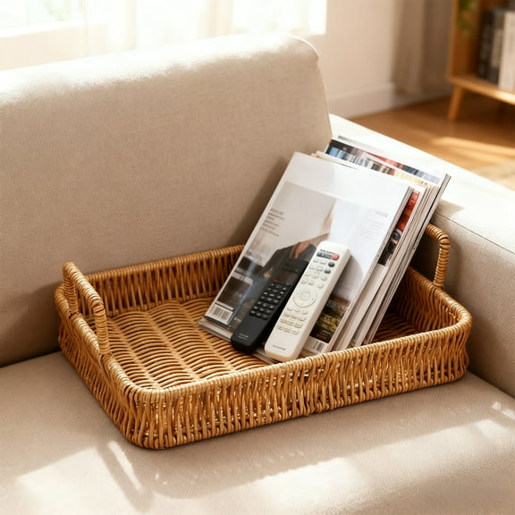Rectangular Rattan Serving Trays - with Handles, Small Woven Wicker Baskets Trays - for Coffee Table Decor, Bread, Flat Shallow Platters for Fruit, Snacks(L)