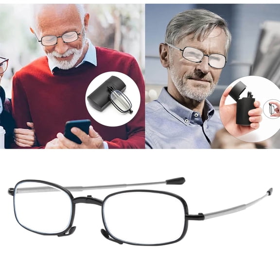 Rectangular Reading Glasses Anti Blue Light 5.12 Inch, Ultra Thin Portable Metal Mini Folding Telescopic Pocket Readers for Travel with Hard Case, Unisex, Reading Glasses
