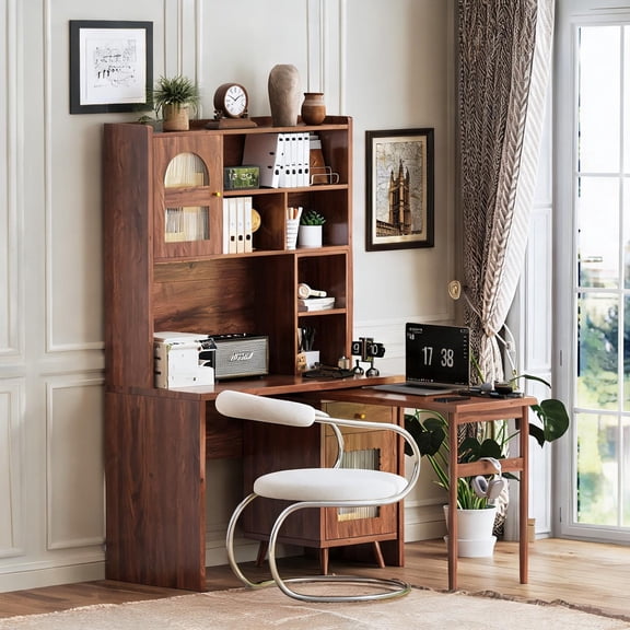 Rectangular Rotating Computer Desk with Storage, Warm Brown Wood, 43x22x70 Inches, Home Office