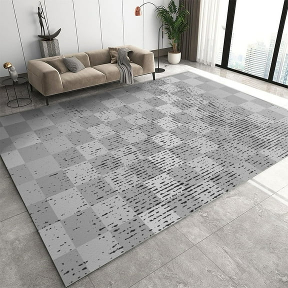 Rectangular Rugs Washable Area Rugs For Living Room Bedroom Dining Room Kitchen Non-Slip Rugs, Shabby Chic Geometric Grid Gray Soft Low-Pile Indoor Machine Washable Carpet 5x7ft