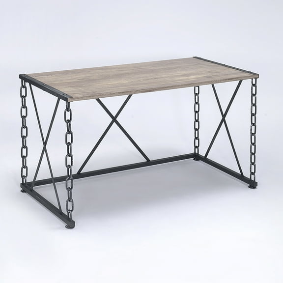 Rectangular Rustic Oak Desk With Antique Black Metal Accents - Chic Work Workspace Solution