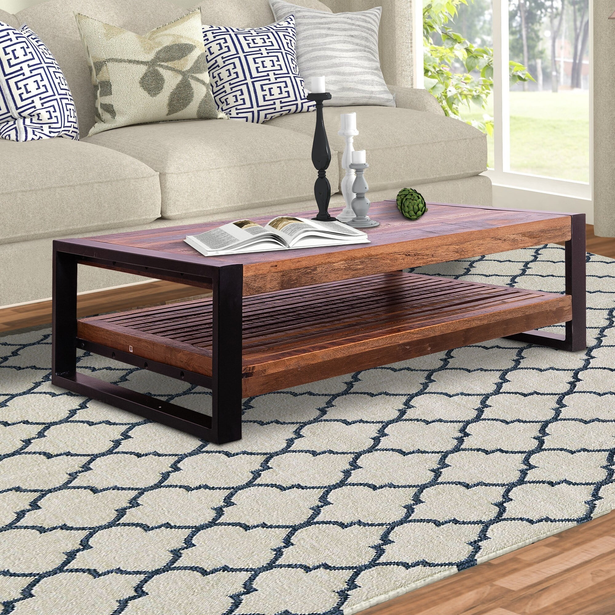 Rectangular Rustic Wooden Coffee Table with Planked Bottom Shelf, Multicolor