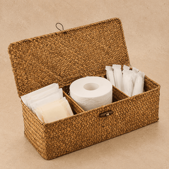 Rectangular Seagrass Storage Basket Caramel Medium 3 Compartments