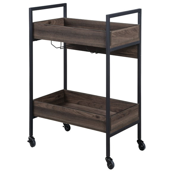 Rectangular Serving Cart In Brown And Black, 2 Shelves, Cup Holder, Stable For Dining Room Use Walnut