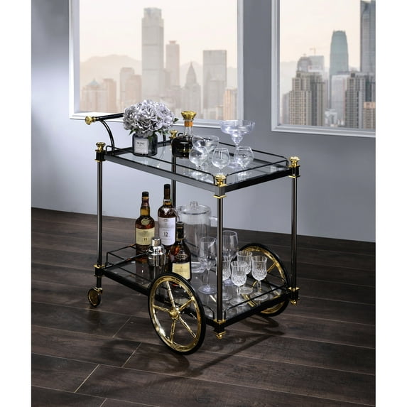 Rectangular Serving Cart With Clear Glass - Black/gold, Metal Frame, Practical Storage Sophisticated And Wine Bottle Storage, Movable Design