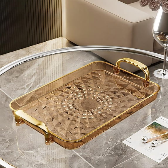 Rectangular Serving Tray with Handles, 13.3 x 8.2 Inch PVC Storage Plate, Clear Tableware for Home Living Room Coffee Teacups Fruit and Snacks Organizing