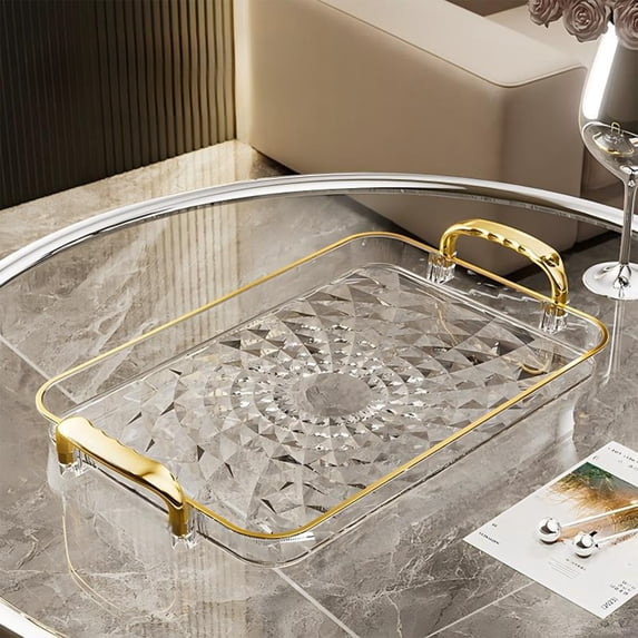Rectangular Serving Tray with Handles, 13.3 x 8.2 Inch PVC Storage Plate, Clear Tableware for Home Living Room Coffee Teacups Fruit and Snacks Organizing