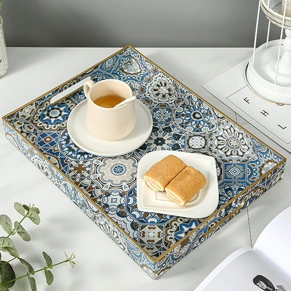 Rectangular Serving Tray Set with Handles, Large Ottoman Tray for Coffee Table, Living Room, Bathroom, Kitchen in Bohemian Blue, 2-Pack