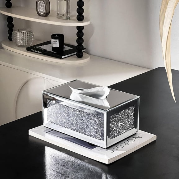 Rectangular Silver Crystal Tissue Box Cover Mirrored Luxury Tissue Holder for Bathroom Bedroom Dining Room Tabletop