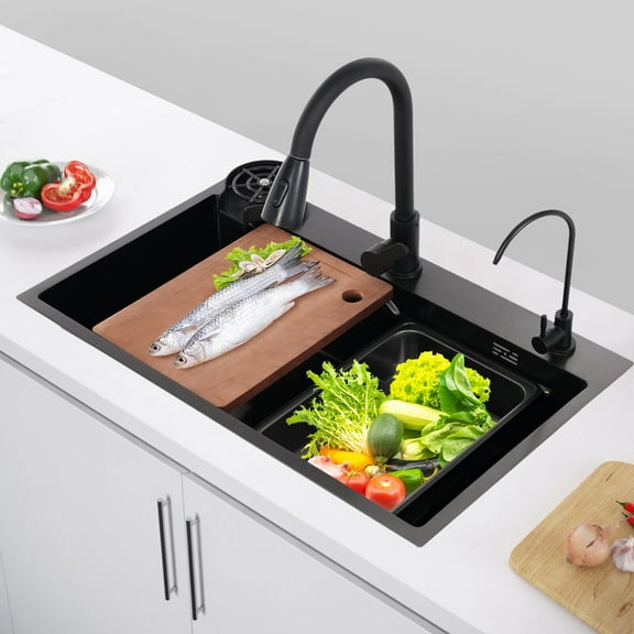 Rectangular Sink Kitchen Sink Stainless Steel Sink with Faucet Multifunction Sink Set with Water Storage Lid(Black)