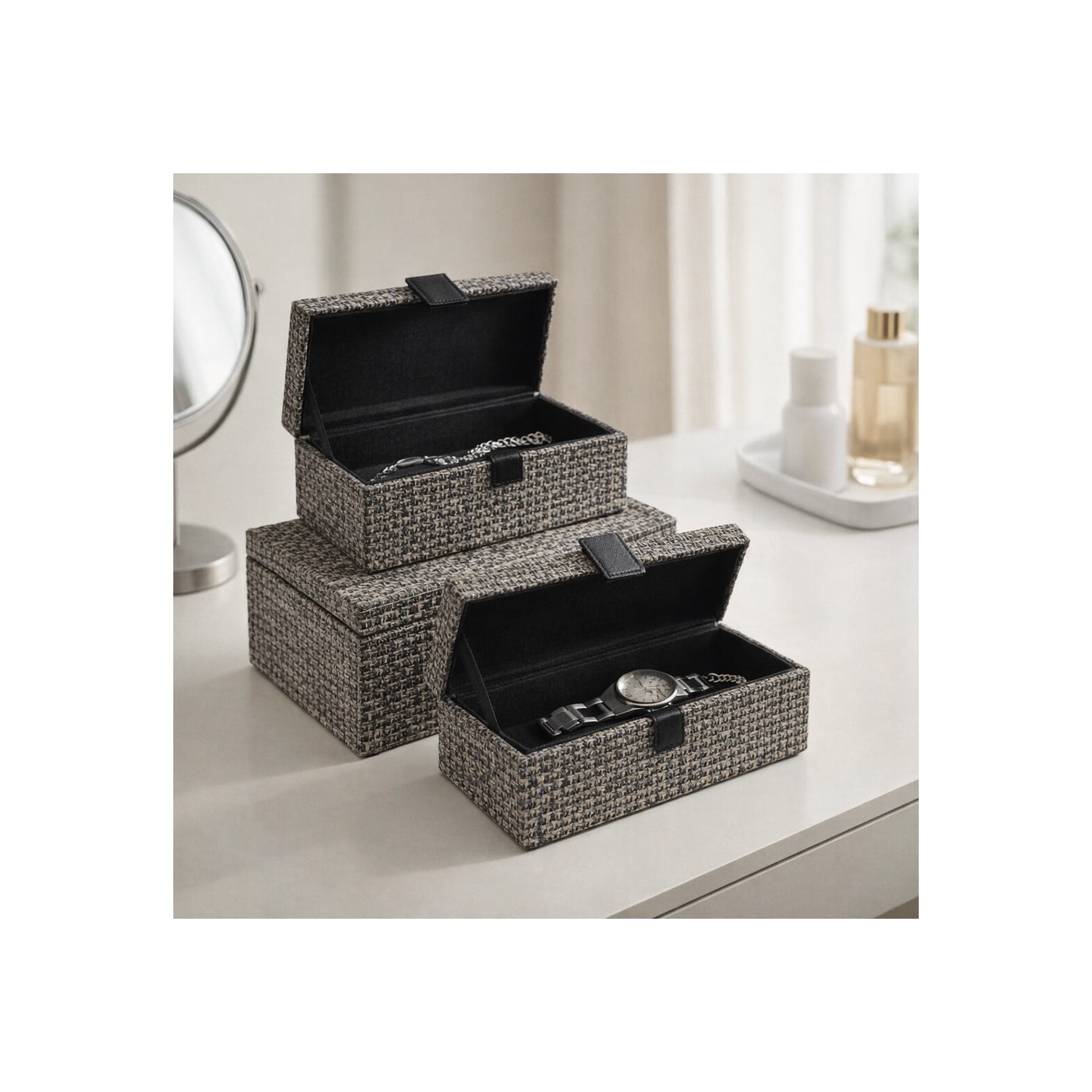 Rectangular Snakeskin Decorative Box with Hardware for Home Decor - Modern Keepsake Storage Boxes with Lid for Jewelry - Organizer Accents for Bedroom Vanity Styling - Set of 2, 4", 3", Black & Brown