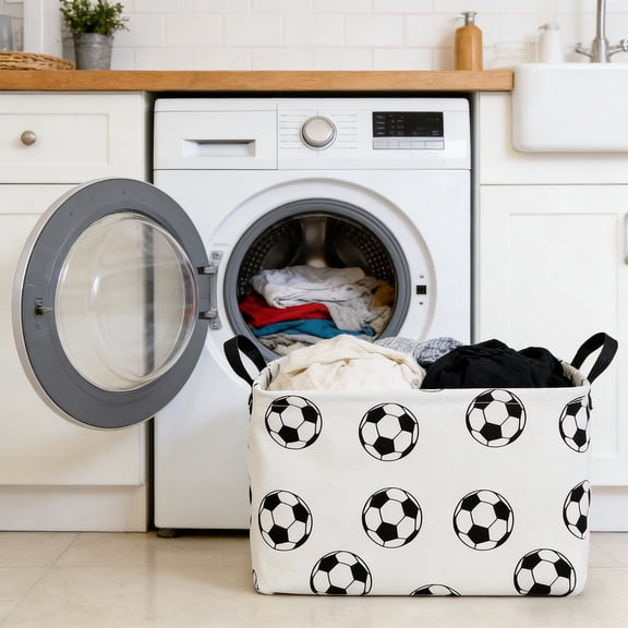 Rectangular Soccer Basket Storage Box, Football Pattern Laundry Hamper, Foldable Football Themed Toy Basket with Handles, For Room Decor, Kids Basket,Shelf Basket