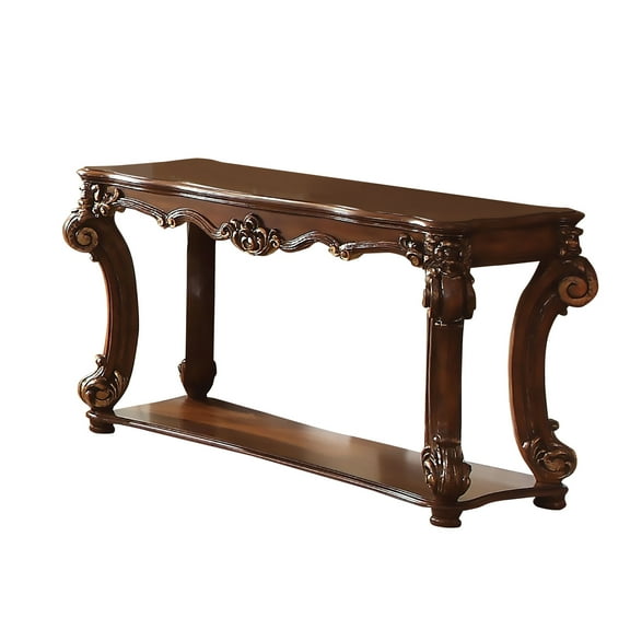 Rectangular Sofa Table With Scrolled Leg And Bottom Shelf, Cherry Brown