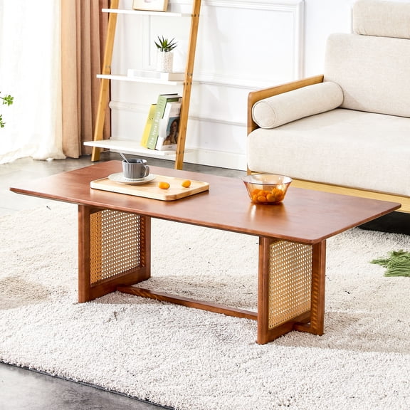 Rectangular Solid Wood Coffee Table | Ideal for Small Family Living Rooms | Crafted with Imitation Rattan | Easy Assembly in 10 - 15 Minutes