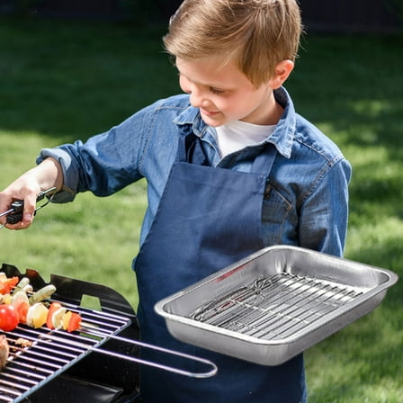 Rectangular Stainless Steel Baking Pan with Rack for Oven, Air Fryer, Grill, and Food Prep - Includes Baking Pan and Rack, Stainless Steel, Silver, 10 x 14 Inch