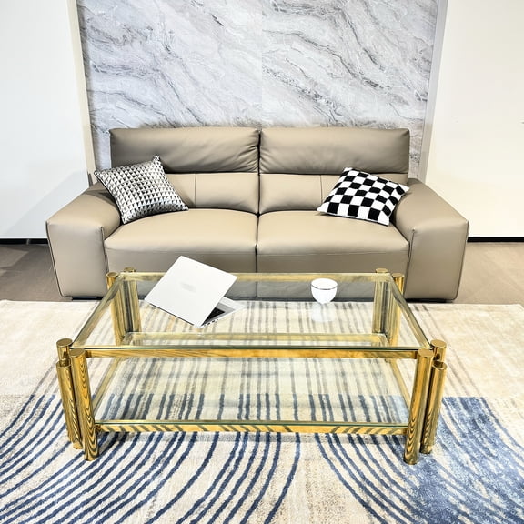 Rectangular Stainless Steel Coffee Table, Gold Accent, Glass Shelves, Modern Style For Home/office, Easy To Clean & Tempered Glass, Storage, Assembly Home Office/living Room