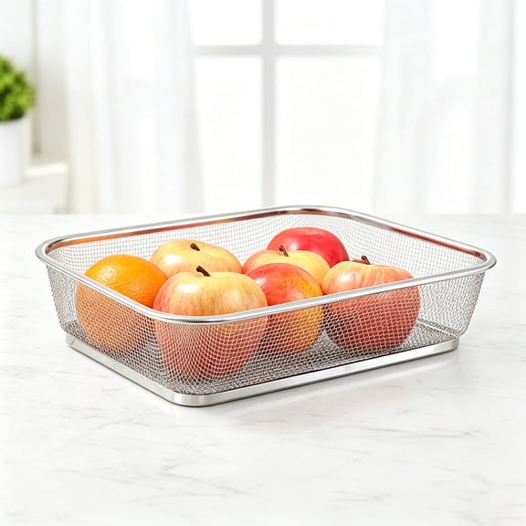 Rectangular Stainless Steel Mesh Basket, Fine Wire Fruit Vegetable Colander Tray, Multipurpose Drain Strainer Basket for Washing Produce, Storage, Serving & Kitchen Prep
