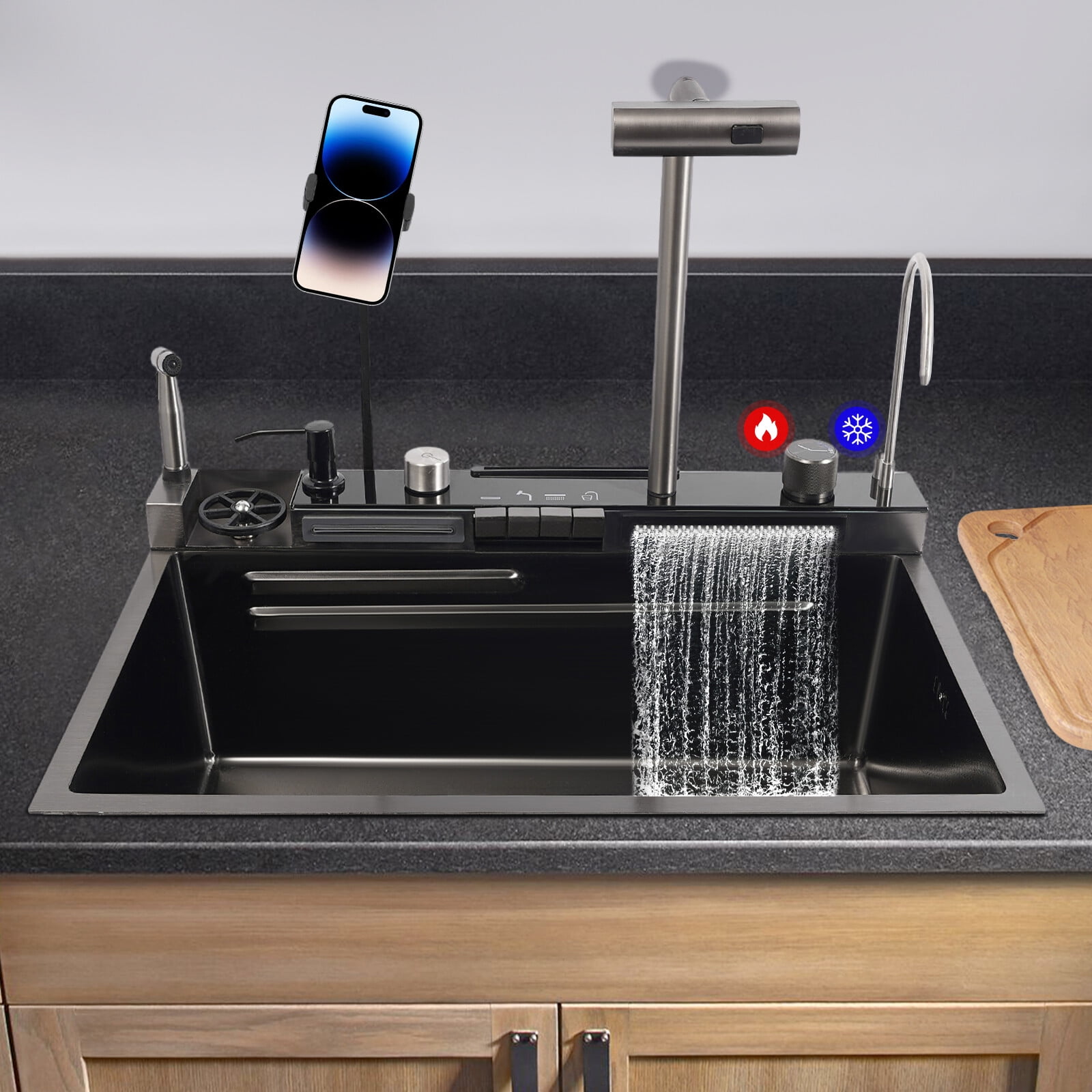 Rectangular Stainless Steel Single Slot Digital Kitchen Sink w/Faucet Flying Rain Waterfall Dark Grey 29.5*18.1*9in Used in Kitchens, Bathrooms, Restaurants