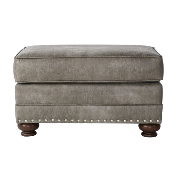Rectangular Stone Gray Faux Leather - Wood Construction, Medium-firm Seat, Backless, Traditional, Nailhead, Tray Top With Base Rectangular, Nailhead Trim, Living Room