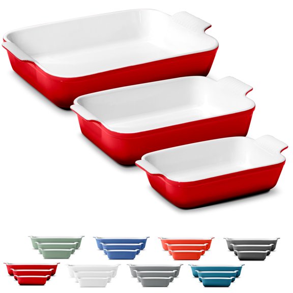Rectangular Stoneware Baking Dish Set Of 3 With Handles Deep Red