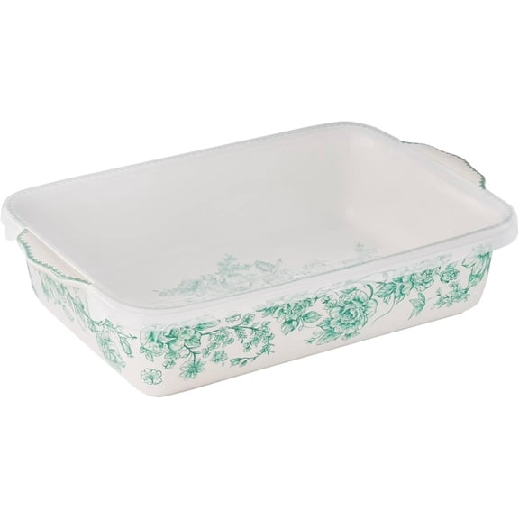 Rectangular Stoneware Baking Dish with Lid 9 x 13 Green Oven-Safe Bakeware with Floral Design & Scalloped Edges