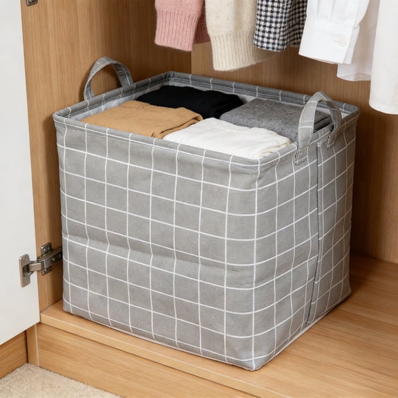 Rectangular Storage Basket,Collapsible Checkered Storage Bin,Waterproof Coating Storage Box with Handles,Gift Baskets,Shelf Basket (Gray)