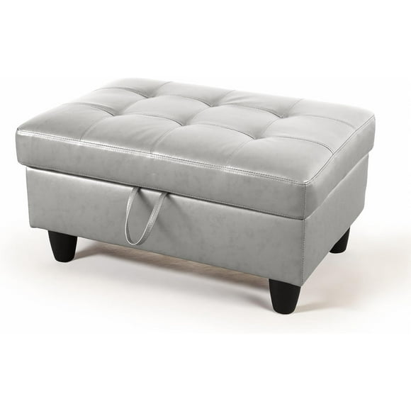 Rectangular Storage Bench, Faux Leather Footrest, Coffee Table, Stool Footstool with Hinged Lid for Living Room, Bedroom, Entryway, Silver, 35"x23.5"x17.5"