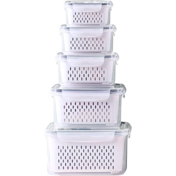 Rectangular Strainer Food Storage Canister Set, 5 Piece Plastic Produce Keepers for Fridge